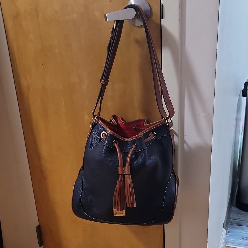 Dooney & Bourke Blue and Tan Drawstring Shoulder Bag